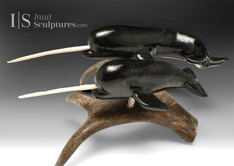 9” Narwhals Mother & Calf by Isaaci Oqutaq *Together Forever*