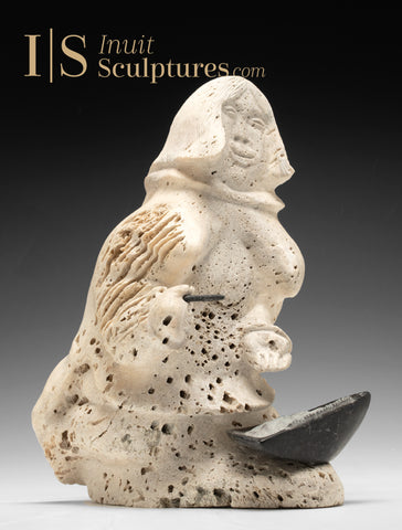 VINTAGE 9" Inuk Cooking with Qulliq by Jake Kudluk *Let There be Light*